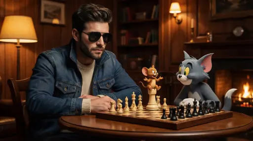 A cinematic, ultra-realistic scene of a stylish man wearing sunglasses and a den...