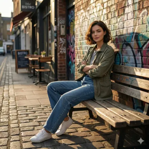Cinematic realistic street scene, beautiful young woman with short wavy bob hair...
