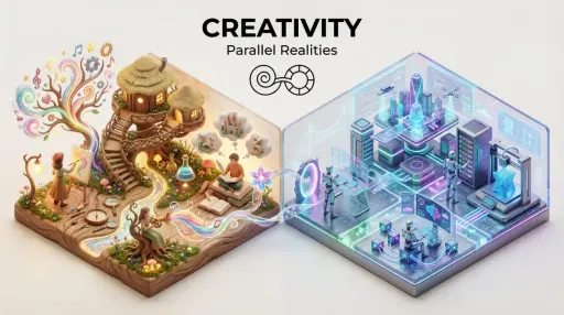 “Present a clear, 45° top-down isometric miniature 3D split diorama showing two...