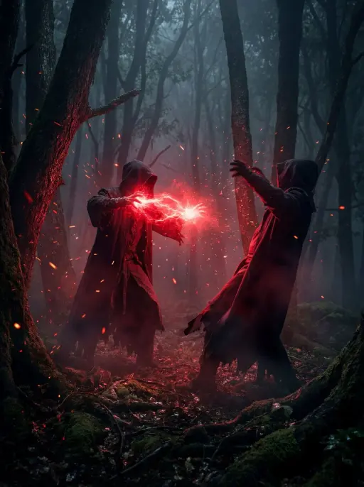 A dramatic cinematic scene in a dark foggy forest where two hooded figures clash...