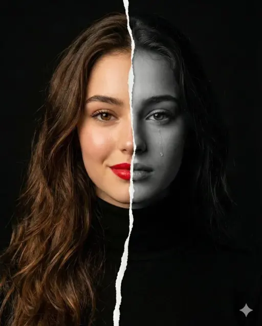​A high-resolution conceptual portrait of a woman’s face vertically split down t...
