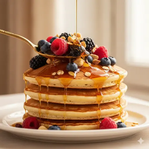 Ultra-luxury food commercial of a stack of thick, fluffy American pancakes with...