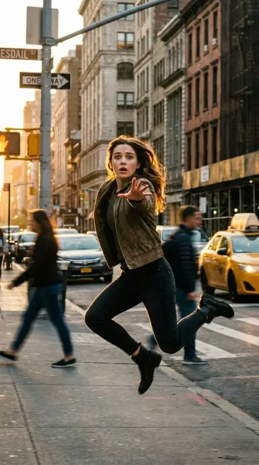 A cinematic freeze-frame shot of a young woman suspended in mid-air in the middl...