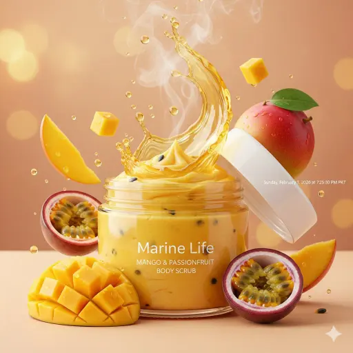 Luxurious tropical body scrub product photography, open jar of bright vibrant ye...
