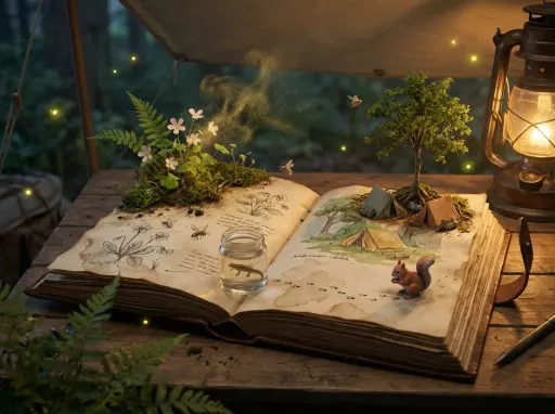 Epic 3D scene: a weathered field journal lies open on a naturalist's camp table,...