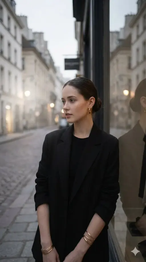 Elegant woman with dark hair in a sleek bun, wearing a structured oversized blac...