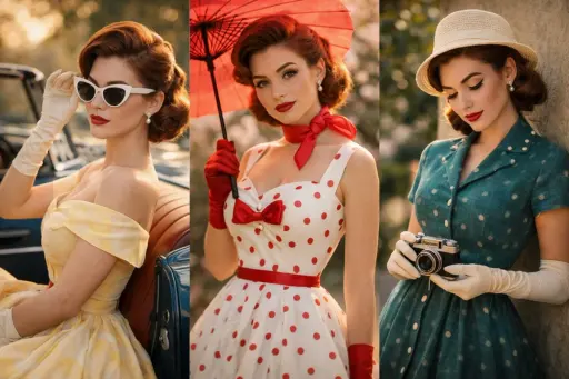 A cinematic vintage fashion portrait of a graceful young woman in a 1950s aesthe...