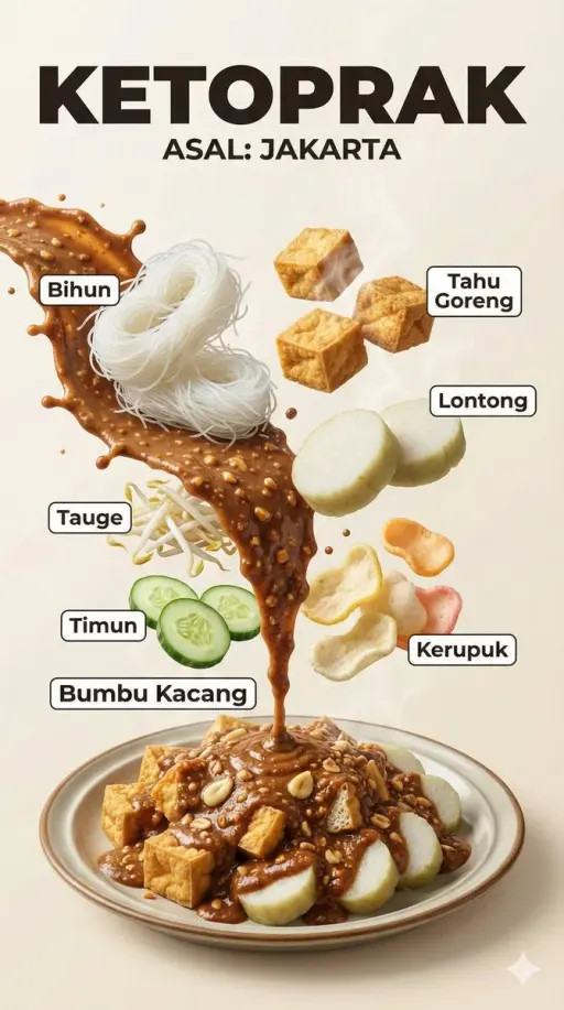 A hyper-realistic Indonesian food infographic poster with dramatic floating ingr...