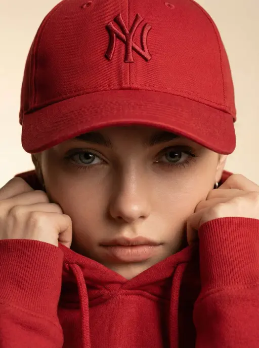 Ultra-realistic fashion beauty crop of a female model wearing the reference red...