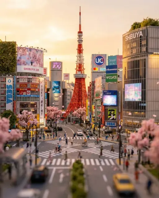 Tilt-shift 3D model diorama in 4:5 aspect ratio, highlighting Tokyo Tower and th...