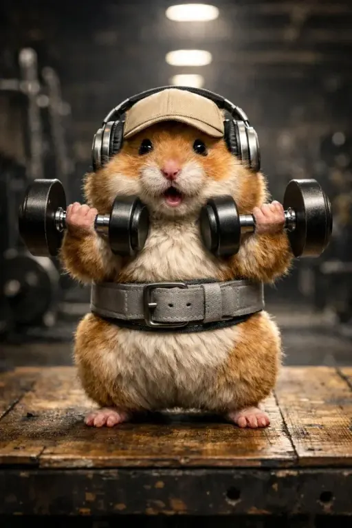 A hyper-detailed, adorable golden hamster in a bright, cheerful gym, animated in...