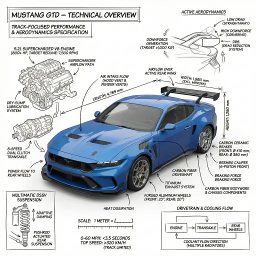 Create an infographic image of Mustang GTD combining a realistic photograph or p...