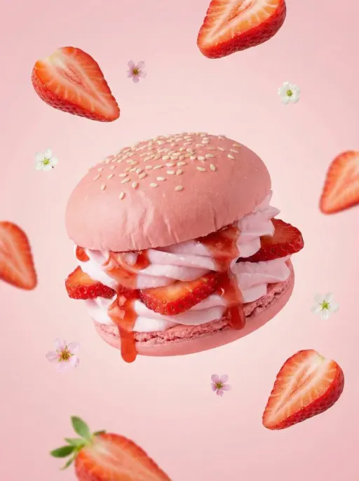 Un burger dessert iperrealistico a base di {FRUIT}, composizione centrata, palet...