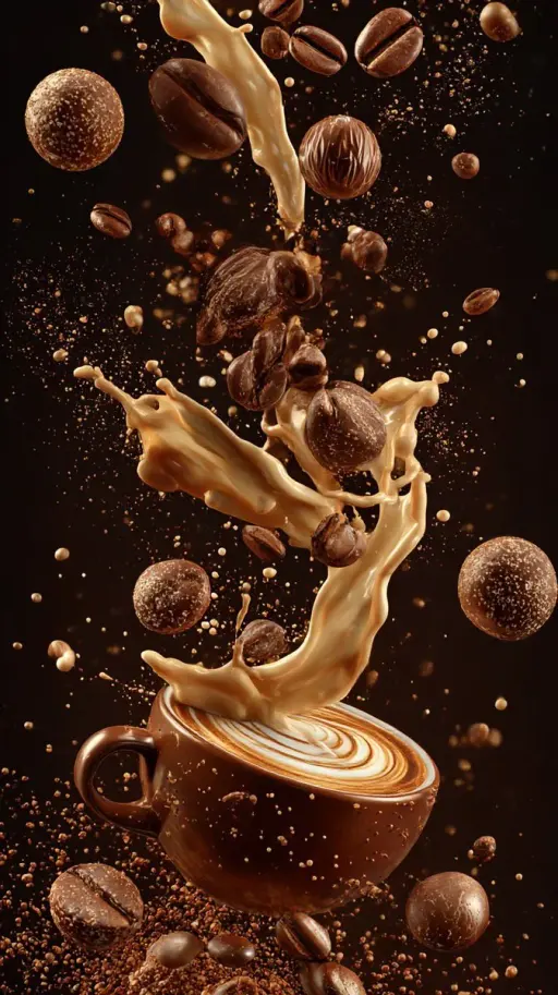 Composizione verticale ultra-cinematografica di elementi del caffè sospesi a mez...