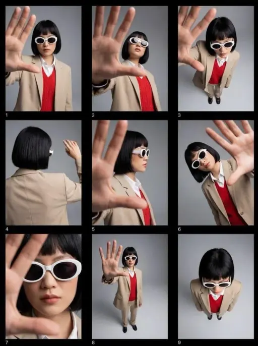 ```json { "items": [ { "prompt": "Scheda contatti di moda editoriale di una donn...