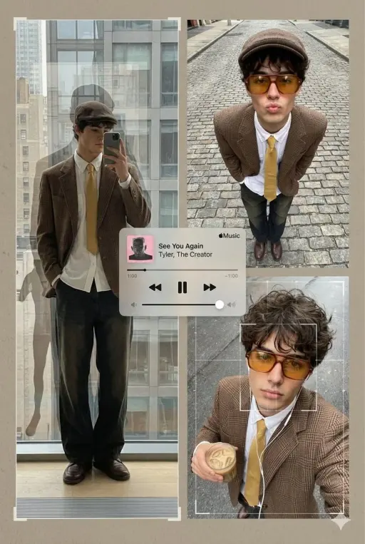 Un poster collage editoriale multi-pannello presenta Subject[person in the image...