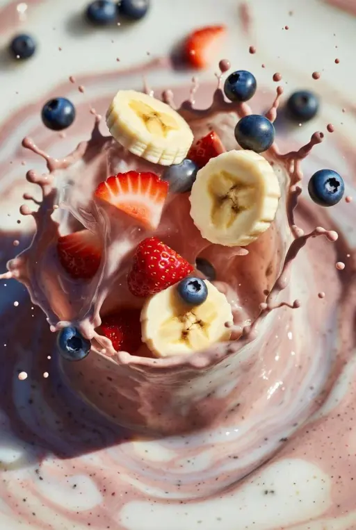 { "items": [ { "prompt": "Esplosione ultra-realistica di smoothie, fette di bana...