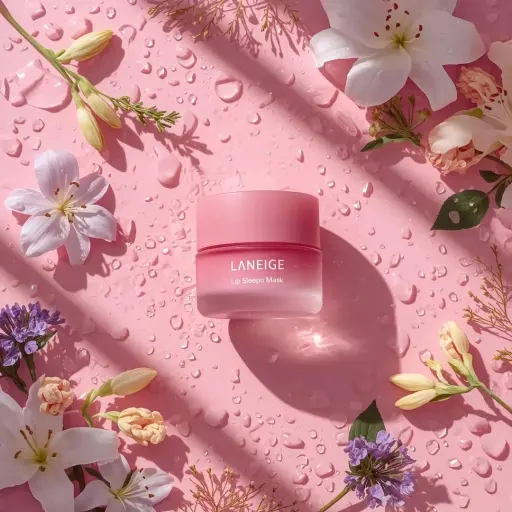 Ein hyperrealistisches Beauty-Produktfoto eines rosa [LANEIGE Lip Sleeping Mask]...