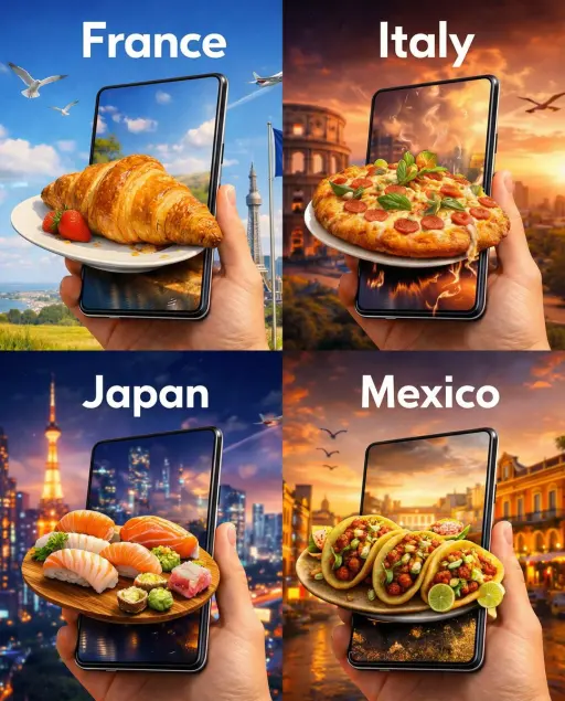 { "Erstellen Sie eine hyperrealistische Tourismuswerbung-Collage in einem einzig...