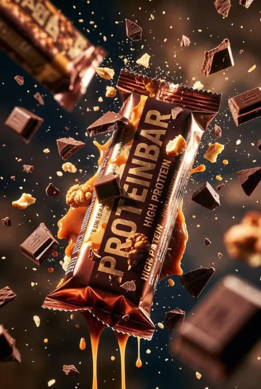 Ultra-kinematische Produktfotografie eines Premium-Proteinriegels, verpackt in m...