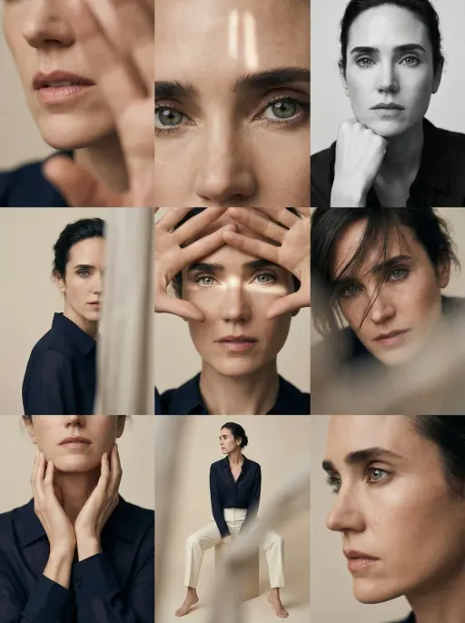 Editorial 3x3 Fotogitter in einem sauberen, weichen beigen Studio. Charakter (en...