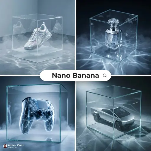 [product], futuristische High-End-Anzeige, transparentes Glaskubusgehäuse, kaust...
