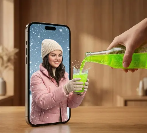 Ein hyper-realistisches surreales Foto eines modernen Smartphones, das flach auf...
