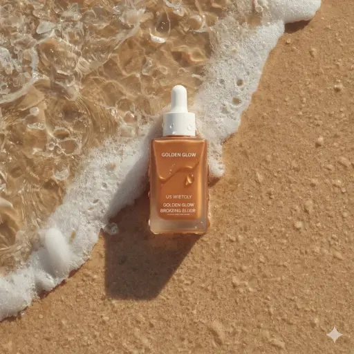 Hyperrealistische Sommer-Hautpflege-Produktfotografie einer Bronzing-Tropfenflas...