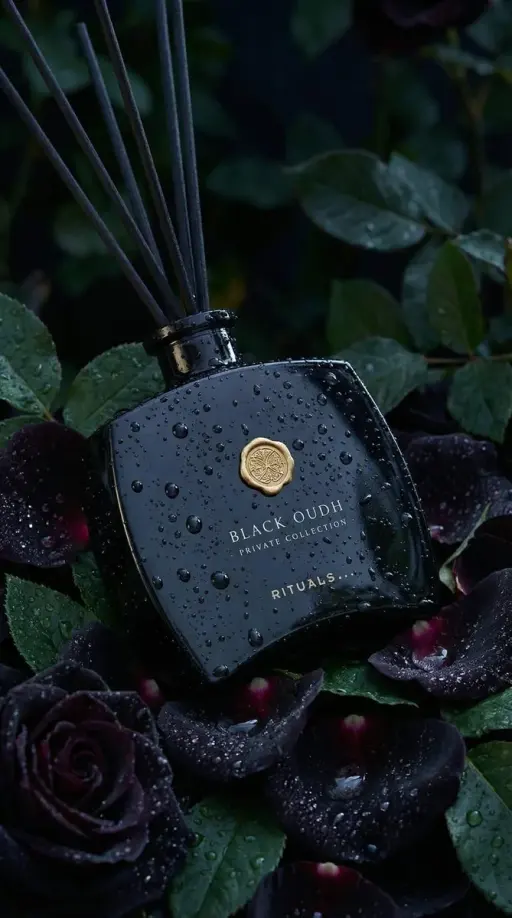 Ultra-realistic luxury product photography of a black glass reed diffuser bottle...