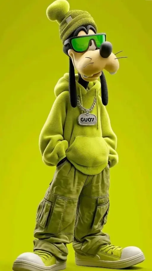 Full-body 3D stylized anthropomorphic cartoon dog character wearing modern stree...