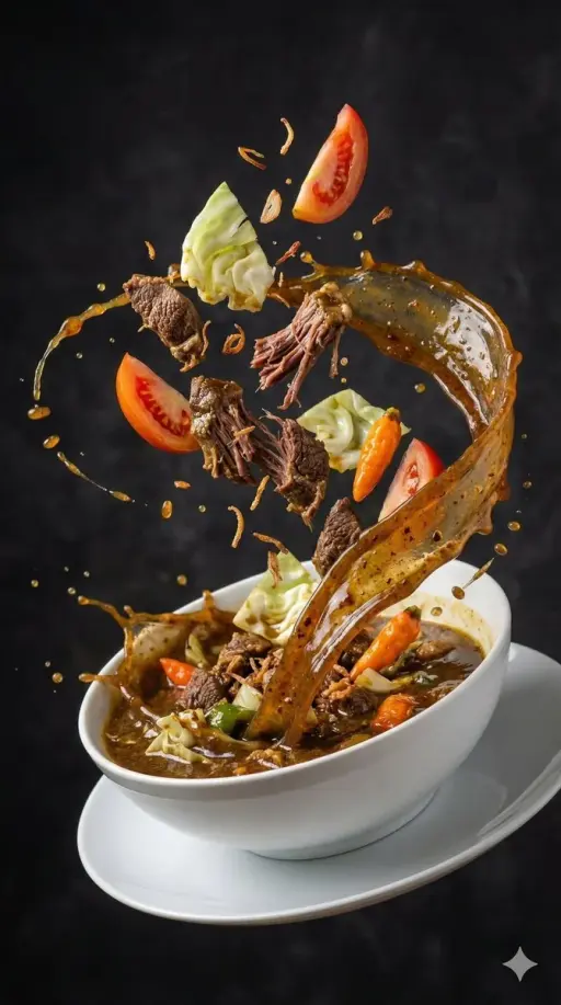 { "image_prompt": { "subject": "Rich Asian soup", "action": "Ingredients explodi...