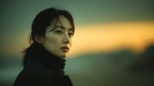 Photorealistic cinematic portrait of a young East Asian woman standing outdoors...