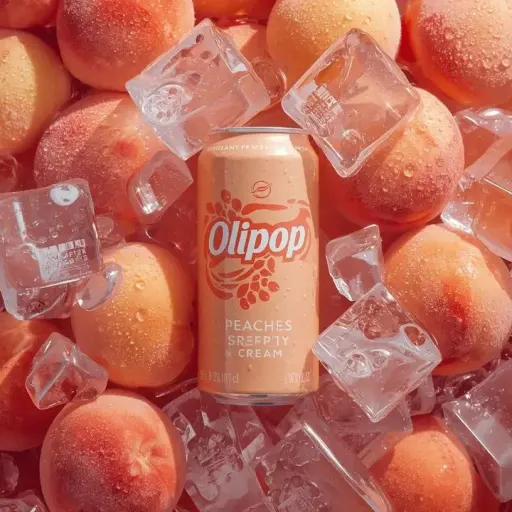 Ultra-realistic commercial product photography of a pastel peach-colored soda ca...