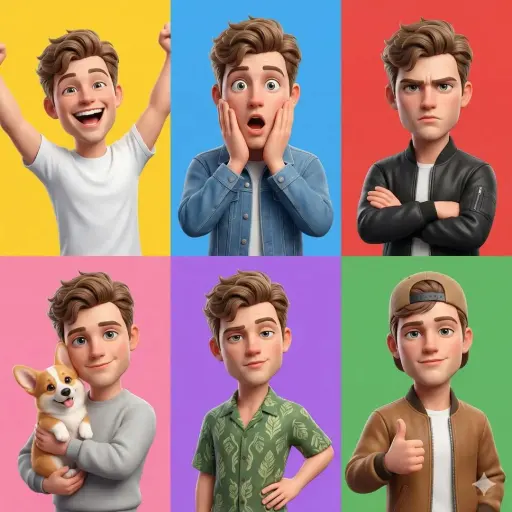 A 3D Pixar-style animated young male character showcased in a 6-panel grid layou...