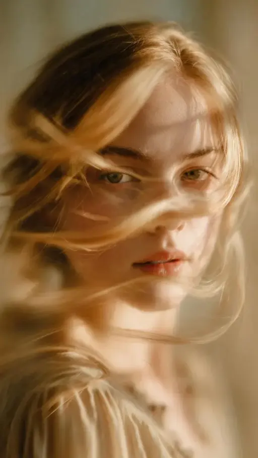 A soft-focus, cinematic portrait of a young woman with delicate facial features...