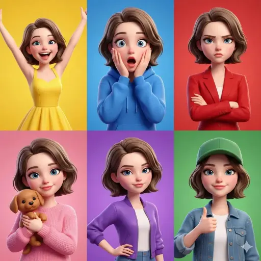 3D Pixar-style animated girl shown in a 6-panel grid, same character with short...