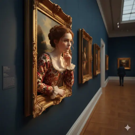A surreal, ultra-realistic scene of a young woman emerging from an ornate golden...