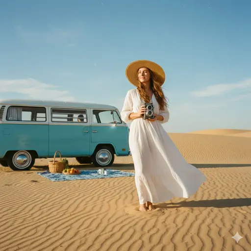 A wide shot of a woman in an airy white linen maxi dress and a wide-brimmed stra...