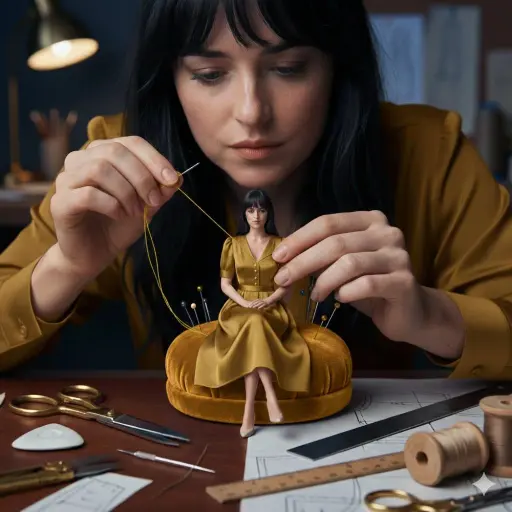 A cinematic fashion studio scene of a woman hand-sewing a miniature dress worn b...