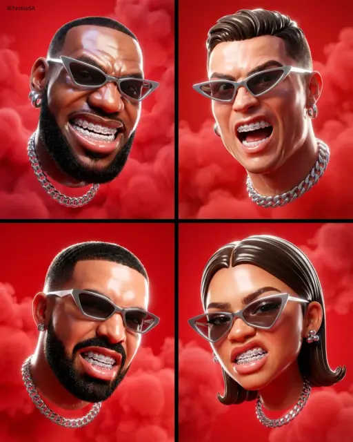 A hyper-stylized, dynamic 3D head portrait floats against a vivid red background...