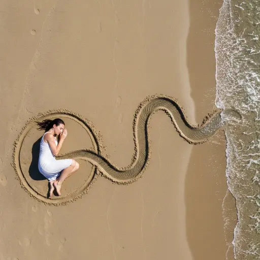 { "intent": { "summary": "Land-art photography of a woman connected to the sea v...