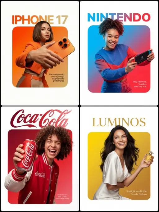 A professional high-end graphic design advertisement composition on a pure solid...