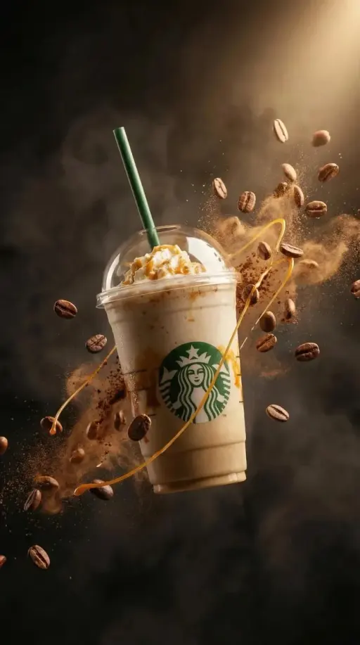 Ultra-realistic commercial product photography of a caramel frappuccino in a cle...