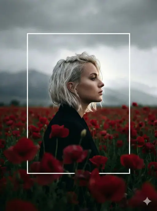 A cinematic, high-contrast profile portrait of a woman with short, platinum-blon...