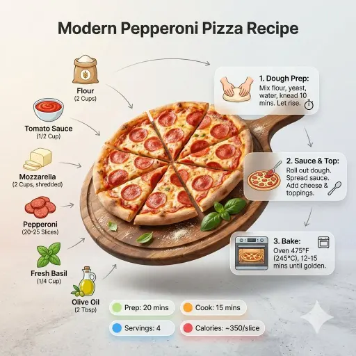 Ultra-clean modern recipe infographic. Showcase Pizza in a visually appealing fi...