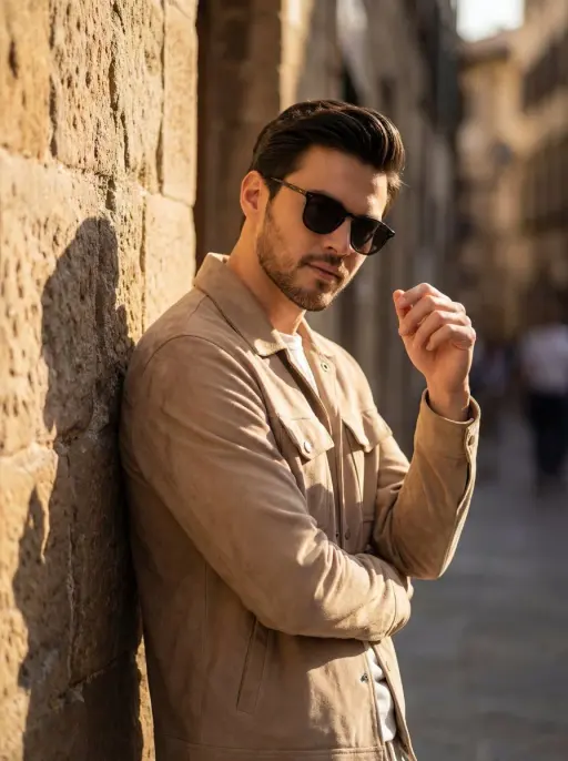 A cinematic golden hour portrait of a stylish man leaning against a textured sto...