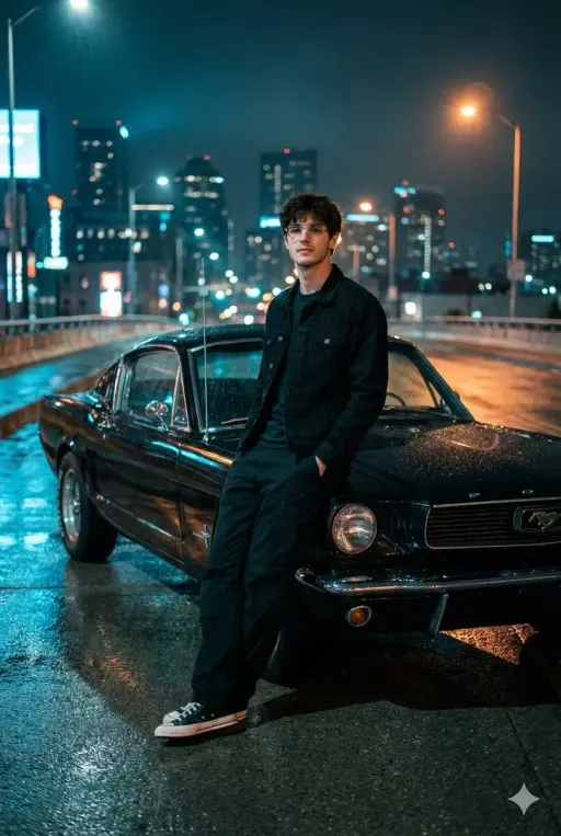 A Cinematic Night Photo On A Dimly Lit Urban Overpass With A View Of The City Sk...
