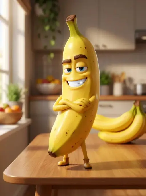 A Pixar-style 3D animated character of a single banana. Handsome male character...