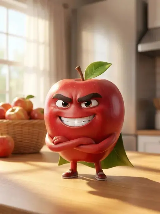 A Pixar-style 3D animated character of a single red apple. Handsome male charact...