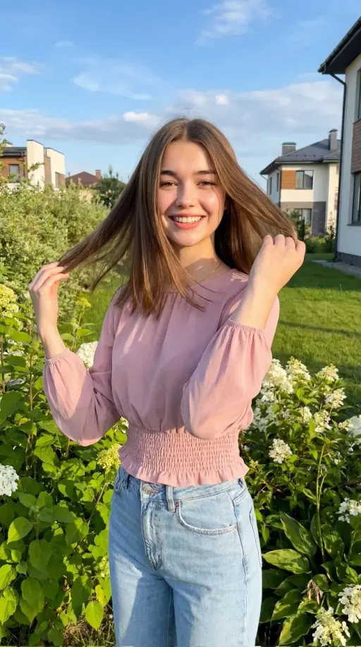 A cheerful young woman standing outdoors in a lush green garden, smiling brightl...